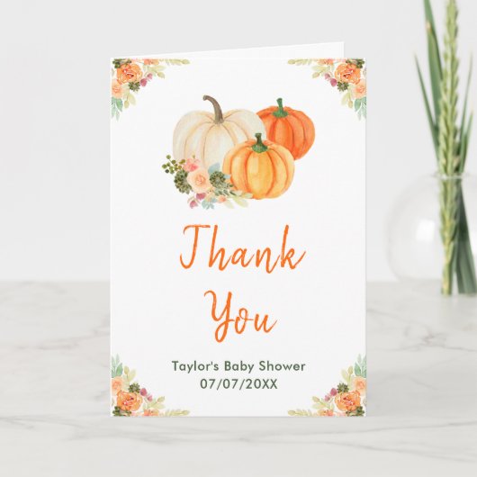 Carte De Remerciements Baby shower Citrouille orange et vert (Devant)
