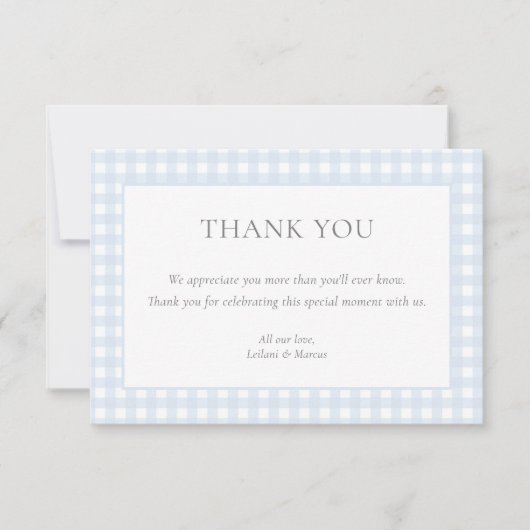 Carte De Remerciements Baby Shower Classique Garçon au Gingham Bleu Clair (Devant)
