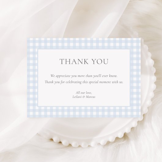 Carte De Remerciements Baby Shower Classique Garçon au Gingham Bleu Clair