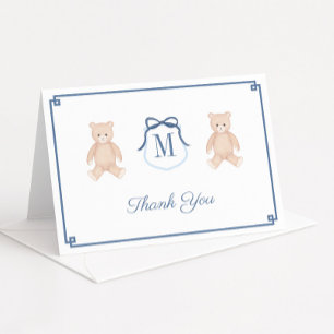 Carte De Remerciements Baby-Shower Classique Monogramme Ours en Peluche