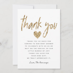 Carte De Remerciements Baby shower coeur de Parties scintillant Glam Gold