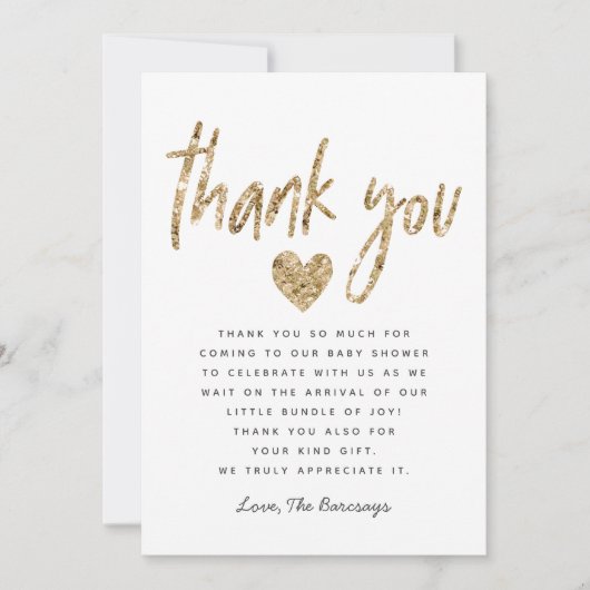 Carte De Remerciements Baby shower coeur de Parties scintillant Glam Gold (Devant)