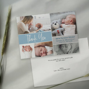 Carte De Remerciements Baby Shower Collage de photos avec lettrage bleu