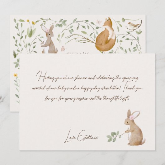 Carte De Remerciements Baby shower d'amis de la forêt (Devant / Derrière)