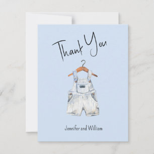 Carte De Remerciements Baby shower d'aquarelle Blue Baby Overalls