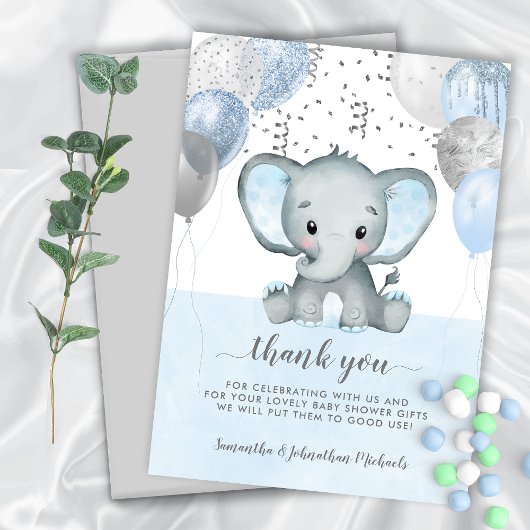 Carte De Remerciements Baby shower d'aquarelle Elephant Boy Balloons