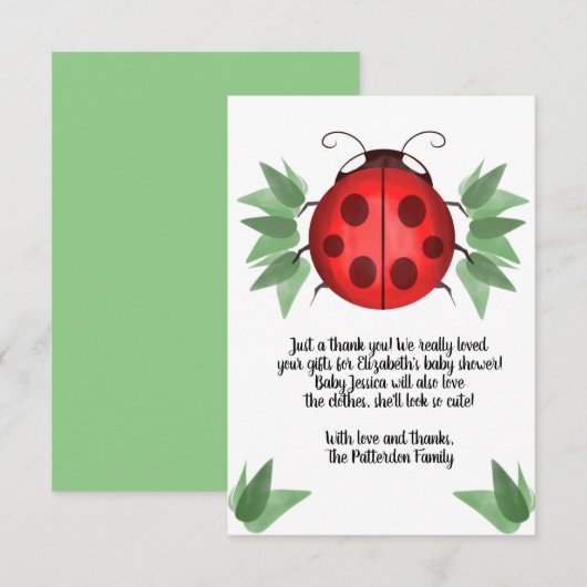 Carte De Remerciements Baby shower d'aquarelle rouge noir vert Ladybug (Devant / Derrière)