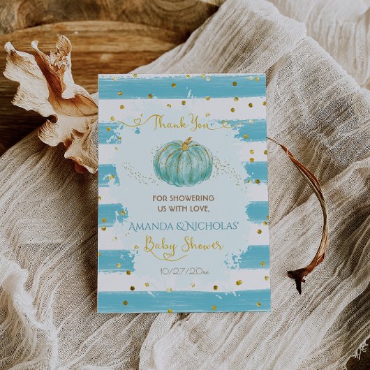 Carte De Remerciements Baby shower d'automne Citrouille bleu