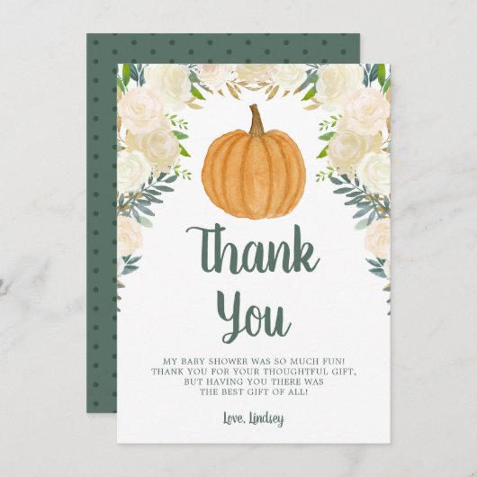Carte De Remerciements Baby shower d'automne Citrouille floral verdoyant (Devant / Derrière)