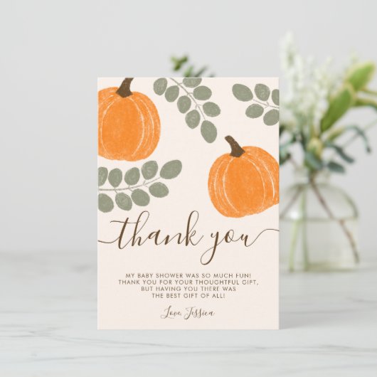 Carte De Remerciements Baby shower d'automne Citrouille mignon Eucalyptus (Debout devant)