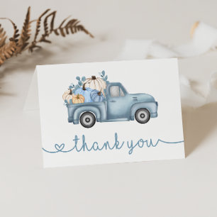 Carte De Remerciements Baby shower d'automne doux Petit Citrouille bleu