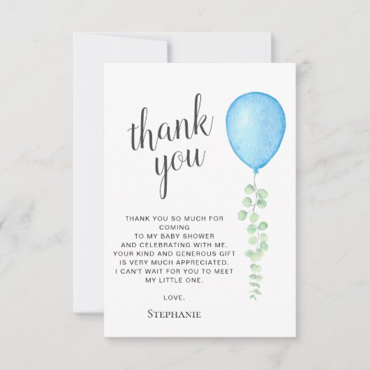 Carte De Remerciements Baby shower de ballon bleu aquarelle (Devant)