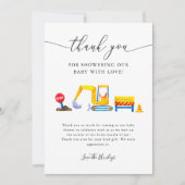 Carte De Remerciements Baby shower de camion de construction (Devant)