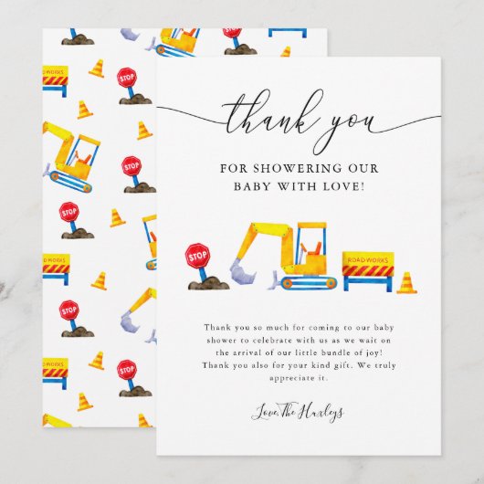 Carte De Remerciements Baby shower de camion de construction (Devant / Derrière)