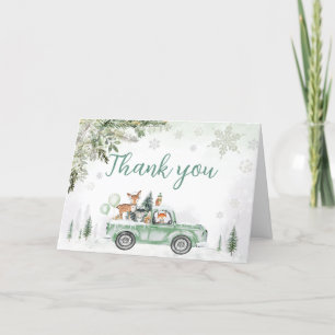 Carte De Remerciements Baby shower de camions verts Woodland d'hiver