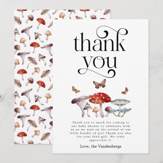 Carte De Remerciements Baby shower de champignons rustiques (Devant / Derrière)