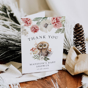 Carte De Remerciements Baby shower de Chouette d'hiver à l'aquarelle fine