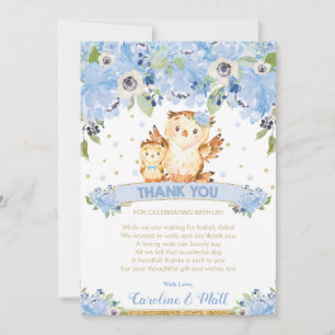 Carte De Remerciements Baby shower de Chouette Florale Bleu Garçon