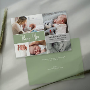 Carte De Remerciements Baby shower de collage photo de manutention vert