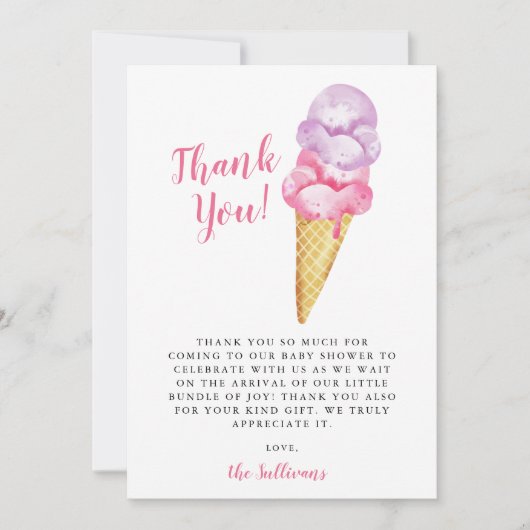 Carte De Remerciements Baby shower de crème glacée rose violet (Devant)