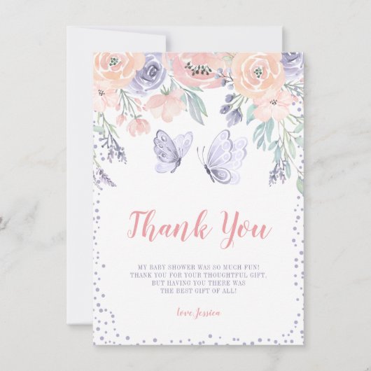 Carte De Remerciements Baby shower de fille papillon rose violet (Devant)