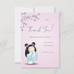 Carte De Remerciements Baby shower de fille rose Kokeshi Doll