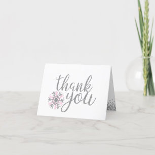 Carte De Remerciements Baby shower de flocons de neige rose et argent