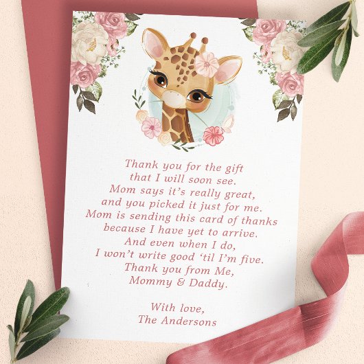 Carte De Remerciements Baby shower de Giraffe Florale