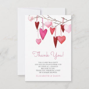 Carte De Remerciements Baby shower de la Saint Valentin au coeur rose