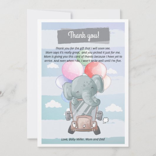 Carte De Remerciements baby shower de l'éléphant au volant (Devant)