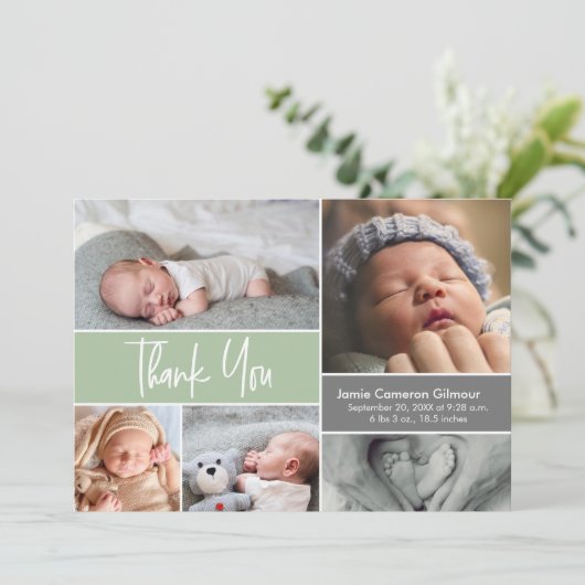 Carte De Remerciements Baby shower de naissance Soft Green Custom Photo C (Debout devant)