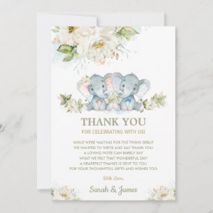 Carte De Remerciements Baby shower d'éléphant des jumeaux floraux d'ivoir