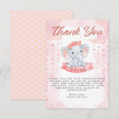 Carte De Remerciements Baby shower d'éléphant rose fille (Devant / Derrière)