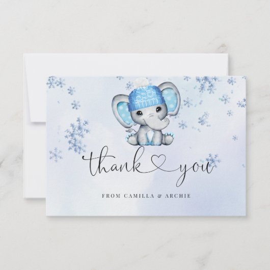 Carte De Remerciements Baby shower des éléphants d'hiver (Devant)