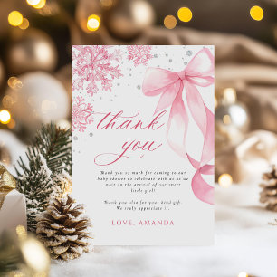 Carte De Remerciements Baby shower des flocons de neige de Bow rose d'hiv
