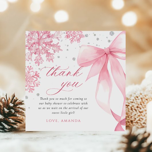 Carte De Remerciements Baby shower des flocons de neige de Bow rose d'hiv