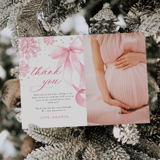 Carte De Remerciements Baby shower des flocons de neige de Bow Rose Winte