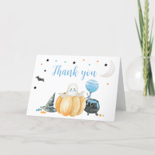 Carte De Remerciements Baby shower d'Halloween Citrouille Blue Little Boo