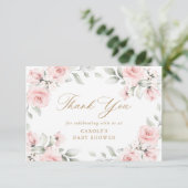 Carte De Remerciements Baby shower d'or rose floral (Debout devant)