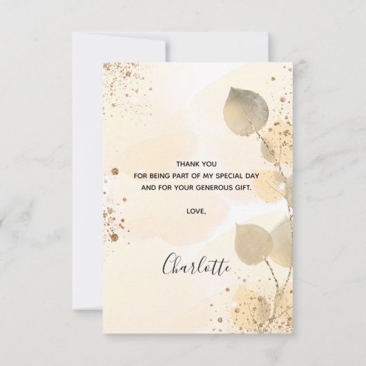 Carte De Remerciements Baby shower doré eucalyptus parties scintillant mo (Dos)