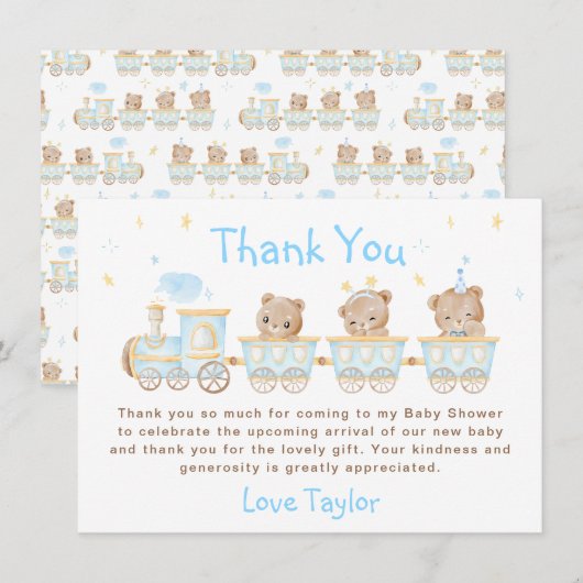 Carte De Remerciements Baby shower du train Bear Blue (Devant / Derrière)