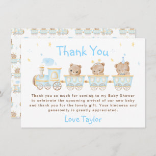 Carte De Remerciements Baby shower du train Bear Blue