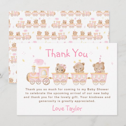 Carte De Remerciements Baby shower du train Bear Pink (Devant / Derrière)