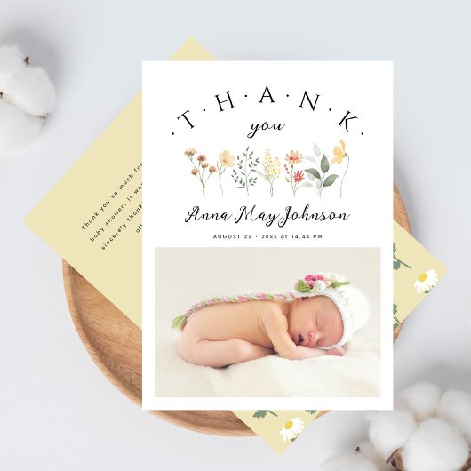 Carte De Remerciements Baby shower Élégant Script Fleur sauvage photo