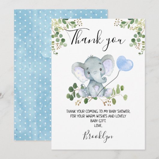 Carte de remerciements Baby shower éléphant du gar (Devant / Derrière)