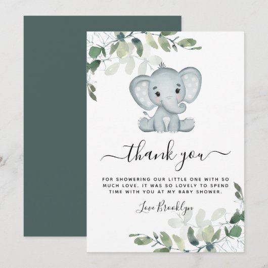 Carte De Remerciements Baby shower Eléphant Eucalyptus (Devant / Derrière)