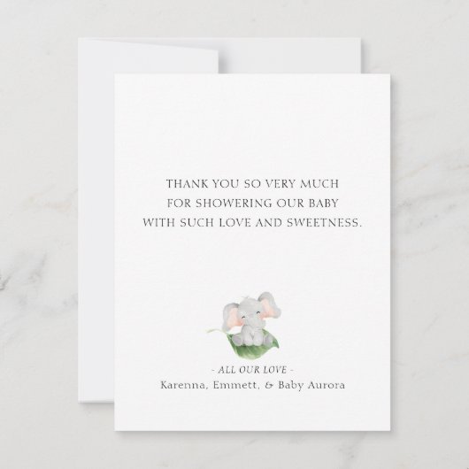 Carte De Remerciements Baby Shower éléphant vert moderne (Dos)
