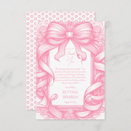 Carte De Remerciements Baby shower en ruban rose Coquette Bow Toile de Jo (Devant / Derrière)
