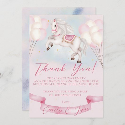 Carte De Remerciements Baby shower Fairytale Pony Stars Pink Balloons (Devant / Derrière)