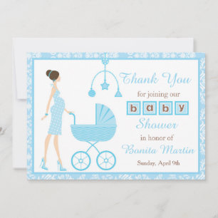 Carte De Remerciements Baby shower femme Brunette Damask bleu